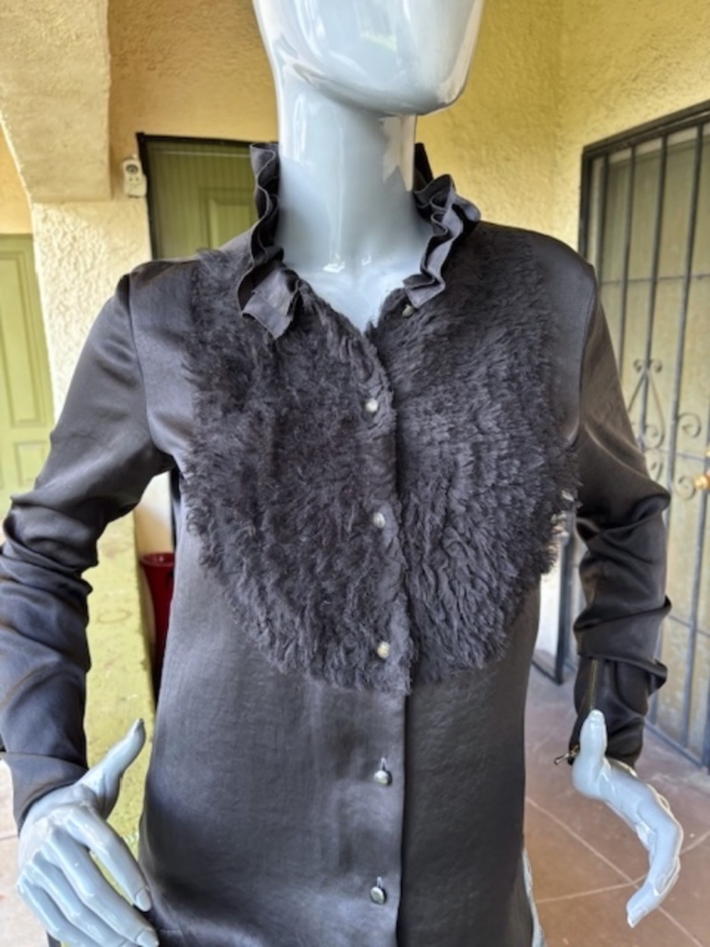 LANVIN Satiny Finish High-Neck Blouse w/ Textured, Ruffled Bib-Front/FR:36= 4
